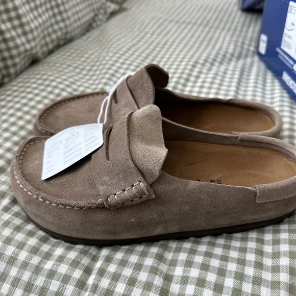 Birkenstock Taupe Naples Suede Clogs - Picture 1 of 4